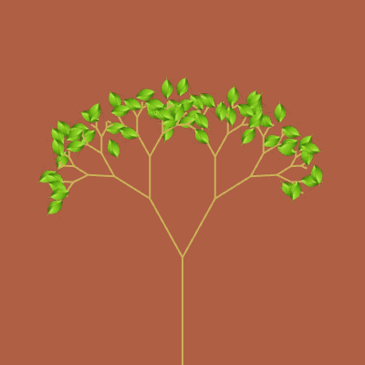 A randomly generated tree. Reddish-pinkish background, trunk is made up of thin brown lines, and leaves are all the same image, along the branches, randomly rotated and shifted randomly too.