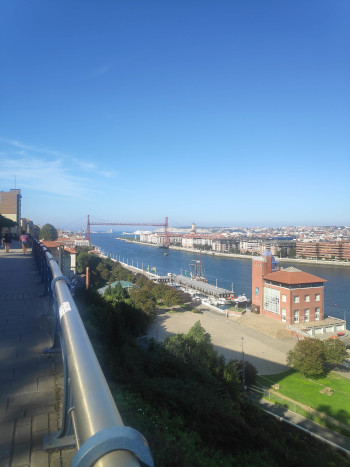 A view of the so-called hanging bridge. It looks a bit like a suspension bridge, except instead of a bridge there's a cable car.