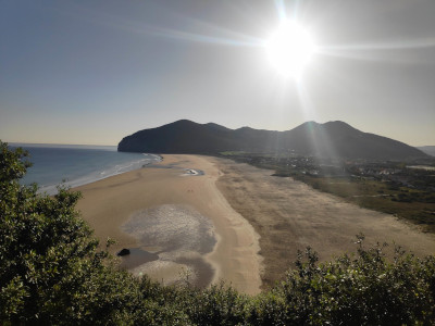 A long beach, seen from a height.