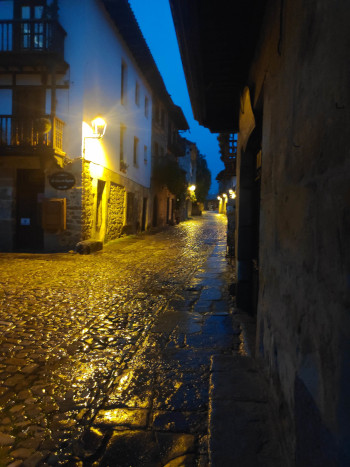 Wet, cobbled street. Early morning darkness. Moody yellow light from a lamppost.