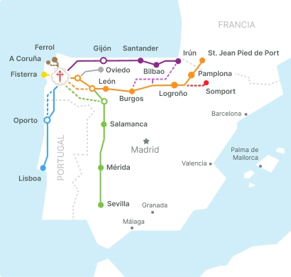 A map of various camino routes.