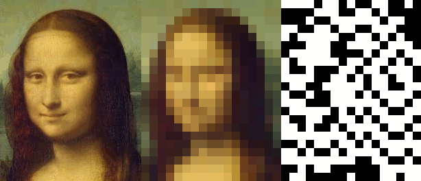 Example of a Game of Life state turning into a picture of Mona Lisa's face after 1 state change.