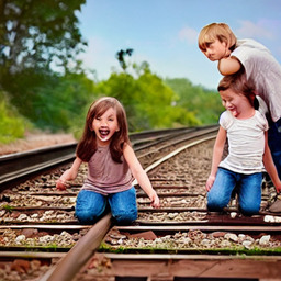 Demon children looking happy and sitting on railroad tracks.