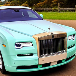 What might be a cyan-coloured Rolls-Royce, but no bumper sticker.