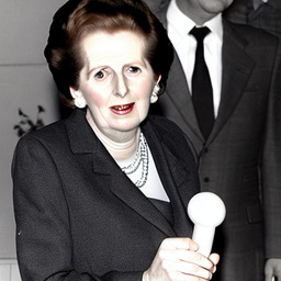 Margaret Thatcher holding what appears to be a cross between a dildo and a microphone.