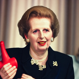 Margaret Thatcher holding a vaguely penis-like object.