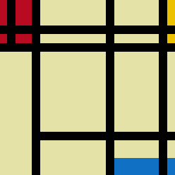 My recreation of a Piet Mondrian painting. It's abstract. 3 rectangles: green, red, blue. A cream-ish background. And it's all overlaid by thick criss-crossing black lines.