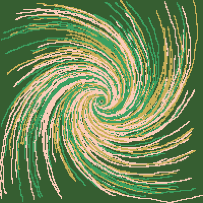 A swirl/spiral generative art pattern, many lines (green, gold, pinkish) spiral towards the center. Green background.