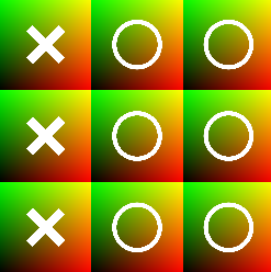 Tic-tac-toe grid. The background of each tile is a gradient from green to red. The tiles in the left column are white x's, the tiles in the other columns are white o's.