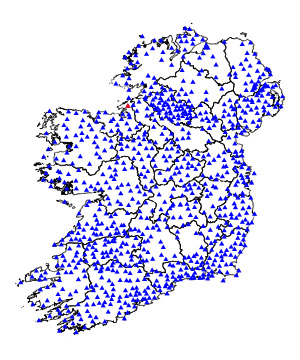 A map of Ireland with a bunch of triangles marking the triangulation pillars.