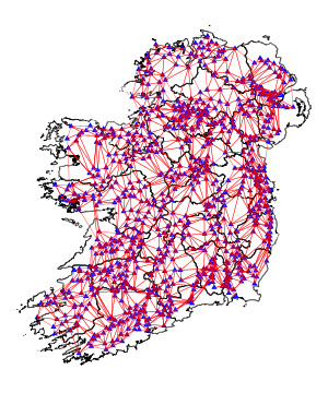 Triangle mesh superimposed over a map of Ireland. This time, the shape of the mesh, while still Ireland-like, appears to be somewhat smaller than it should be.
